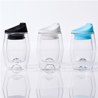 Three transparent cups with colored lids; black, white, and blue, displayed side by side on a reflective surface.